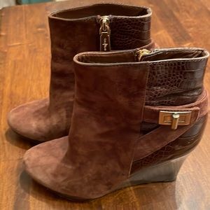 Brown suede and snake skin booties by Cole Haan